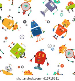 Robots seamless pattern. Children robo background. Color cute kids pattern.