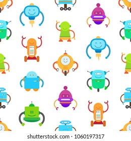 Robots seamless pattern with friendly robots with artificial intellect, set of creatures with mind, vector illustration isolated on white background