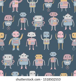 Robots seamless pattern on dark background.