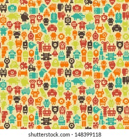 Robots seamless pattern in retro style. Vector texture with nanobots. 