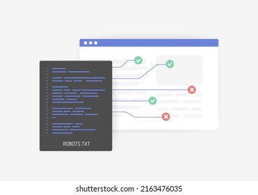 Robots.txt for SEO - controlling crawling and indexing website concept. Create crawlable web pages for search engine robots vector illustration. 