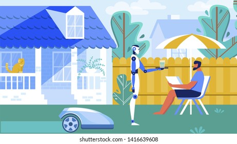 Robots Serving and Helping with Household Cartoon Flat Vector Illustration. Automated Lawnmower . Man Sitting on Sunbed Resting in Backyard, Robot Mowing Grass. Smart Machine Bringing Water.