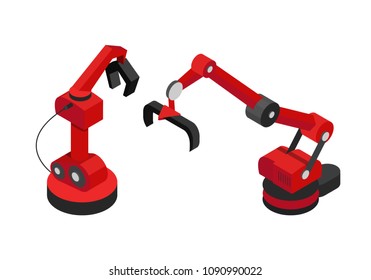 Robots set with abstract machinery hand color card isolated on white hydraulic mechanisms vector illustration, production automation, mechanic device