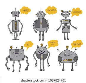 Robots set. Bots say. Artificial Intelligence. Future technologies. Metal characters. Robotization and automation of labor