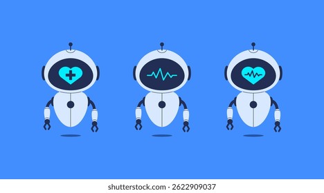 Robots set with ECG cardiogram display. Vector illustration for AI in healthcare and medical diagnostics