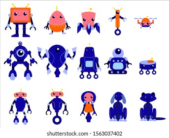 Robots set. Group of futuristic character of various shape. Idea of automation. Cyborg and humanoid. Isolated vector illustration in cartoon style