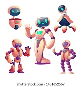 Robots set. Humanoid cyborgs with face, body, arms, legs, wheel isolated on white background, futuristic friendly artificial intelligence gesturing bots for game design, cartoon vector illustration