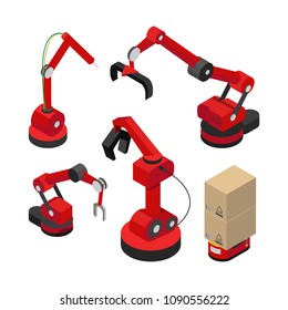 Robots set with hydraulic mechanisms vector banner, illustration of contemporary devices for packing transporting and making products in modern plants