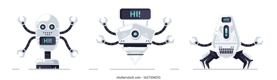 Robots set isolated. Cute cartoon chat bot design. Robot toys collection. Funny simple characters. Urban modern template. Retro vintage design. Realistic 3d objects. Flat style vector illustration.