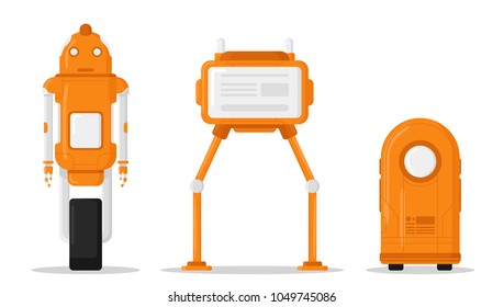 Robots set isolated on white background. Funny cartoon characters. Simple modern icon and logo. Beautiful cute realistic bot. Flat style vector illustration.