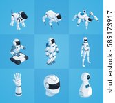 Robots set of isometric icons including androids automatic dog and spider on blue background isolated vector illustration 