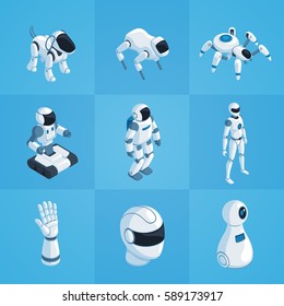 Robots set of isometric icons including androids automatic dog and spider on blue background isolated vector illustration 