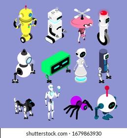 Robots set in isometric style. Robot and android collection Isolated vector machine Illustrations. Robotized dog, girl, alien, monster and spider. Many kinds of robots.
