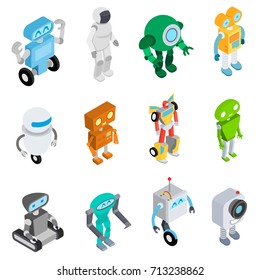 Robots en estilo isométrico. Colección de robots y androides Iluminación vectorial aislada Ilustraciones.