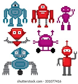 Robots set. Pixel art. Old school computer graphic style.