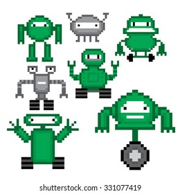Robots set. Pixel art. Old school computer graphic style.
