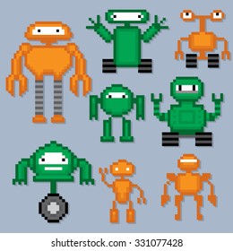 Robots set. Pixel art. Old school computer graphic style.