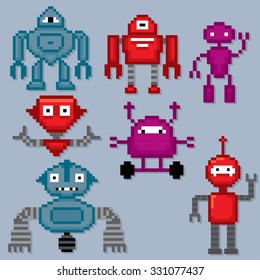 Robots set. Pixel art. Old school computer graphic style.