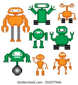 Robots set. Pixel art. Old school computer graphic style.