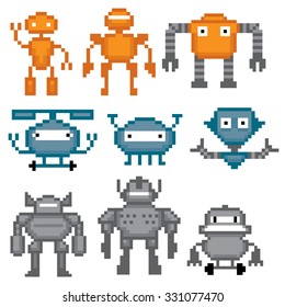 Robots set. Pixel art. Old school computer graphic style.