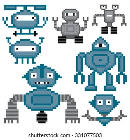 Robots set. Pixel art. Old school computer graphic style.