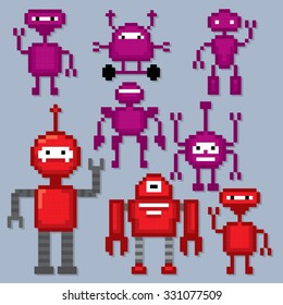 Robots set. Pixel art. Old school computer graphic style.
