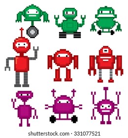 Robots set. Pixel art. Old school computer graphic style.