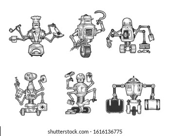 Robots set sketch engraving vector illustration. T-shirt apparel print design. Scratch board imitation. Black and white hand drawn image.