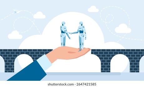Robots shake hands on the background of a bridge. Collaboration, partnership, relationship between artificial intelligence. Man holding on hand two robots shaking hands. Vector illustration