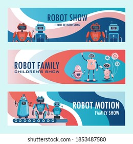Roboter zeigen Einladungsbanner-Set. Humanoide, Cyborgs, intelligente Maschinen, Vektorgrafiken mit Familienausschnitt. Robotik-Konzept für Flugblätter oder Faltblätter