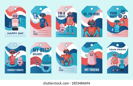 Robots show tags set. Humanoids, cyborgs, intelligent machines vector illustrations with text. Robotics concept for labels, invitation cards, postcards design