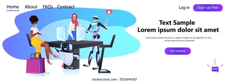 robots showing items to mix race women in fashion boutique artificial intelligence technology shopping concept