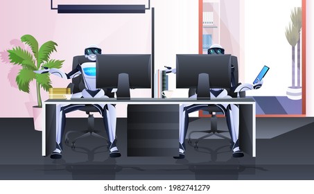 robots sentados en el lugar de trabajo empresarios robóticos que trabajan en el concepto de tecnología de inteligencia artificial de oficina