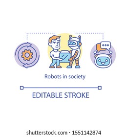 Robots in society concept icon. Electronic helper. Social impact of robotic technologies. Technological innovations idea thin line illustration. Vector isolated outline drawing. Editable stroke