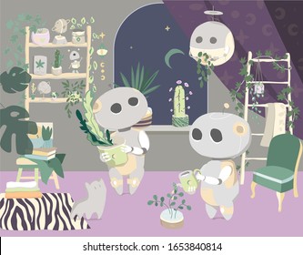 Robots pasando tiempo en casas rosas o jardines. Selva urbana, ilustración de moda con decoración casera, plantas, plantadora de mujeres, cactus, hojas tropicales, flores de casa. Mujer joven cuidando de las plantas