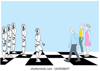 robots stand on a chessboard against people. winning position. Chess game of robots with people. vector illustration.