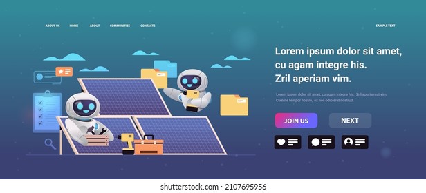 robots standing near solar panels station robotic engineers checking alternative energy and using sunlight for producing electric
