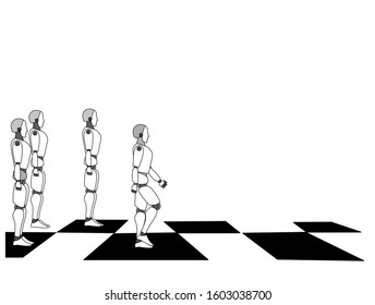 robots are standing on a chessboard. winning position. Chess game of robots with people. vector illustration.