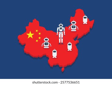 Robots are standing on china map. concept of Artificial intelligence generative war. Vector illustration