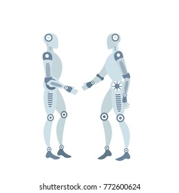 Robots standing and shaking their hands. Futuristic business illustration. Robotic automation future concept. Artificial intelligence. Vector flat design of cyborgs.