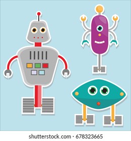 Robots stickers. vector illustration, isolated design elements for kids
