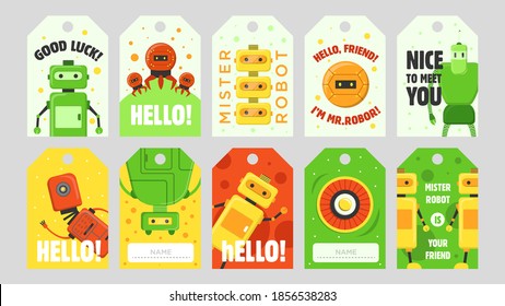 Robots tags set. Humanoids, cyborgs, assistants vector illustrations with text. Robotics concept for labels, welcome flyers, greeting cards design