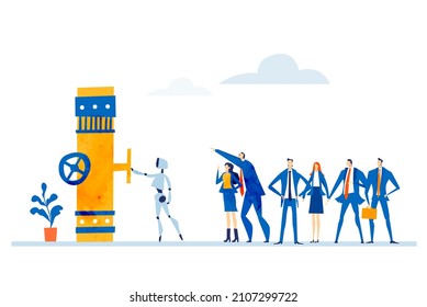 Robots taking control. Business people and artificial intelligence. People meets robots, learning to work together with robots. 