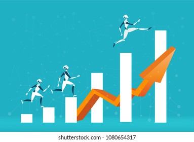 Robots taking the lead. Robot easily jumps from chart to chart all the way to the top. Concept illustration
