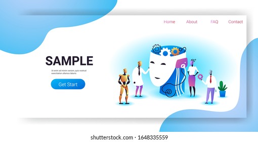 robots team holding gears near human head with brain cogwheels brainstorming process artificial intelligence technology concept horizontal full length copy space vector illustration