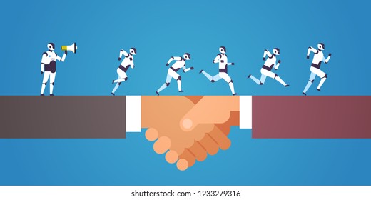 robots team running human handshaking boss hold megaphone artificial intelligence technology concept infographic template flat horizontal copy space vector illustration
