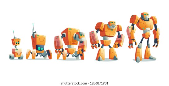 Robots technological evolution from primitive wheeled droid over four-footed android to humanoid cyborg cartoon vector illustration isolated on white background. Artificial intelligence, alien machine