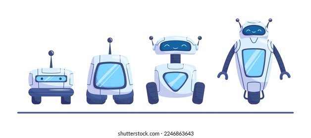 Robots Technological Evolution From Primitive Wheeled Droid To Humanoid Cyborg Artificial Intelligence, Android Alien Machine Progress Isolated On White Background. Cartoon Vector Illustration