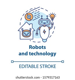 Robots and technology concept icon. Smart house management idea thin line illustration. Innovations for apartment. Artificial intelligence. Vector isolated outline drawing. Editable stroke