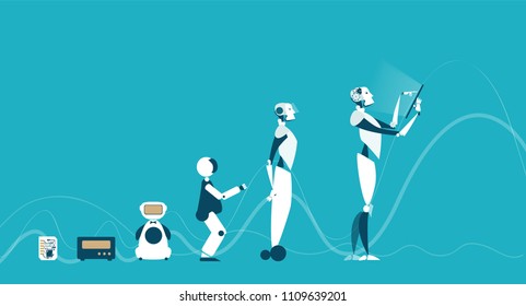 Robots And Technology Evolution Concept Illustration. Different Modification Of Robots. 